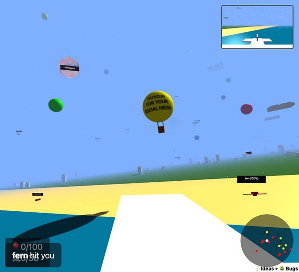 A virtual environment featuring a hot air balloon with promotional text and various floating objects.
