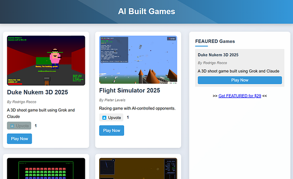 The image displays a webpage featuring games developed under the 'AI Built Games' label.