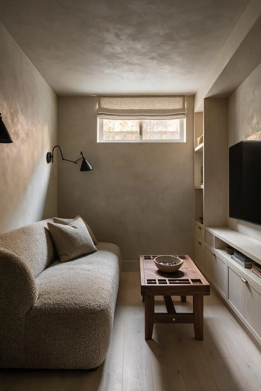 A narrow Japandi-style game room with a textured beige sofa on the left, a small wooden coffee table in the center, and a wall-mounted TV with built-in shelving on the right. Soft neutral walls, pale wood flooring, and black reading sconces create a calm, minimalist atmosphere under natural light from a small high window.