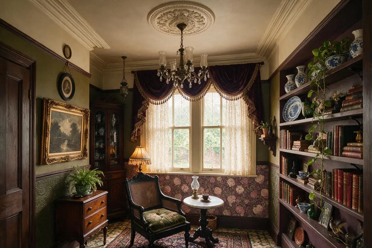A richly decorated Victorian sunroom with a central window dressed in lace curtains and dark velvet drapes. The room includes a chandelier, ornate ceiling medallion, antique chair, round pedestal table, bookshelf wall, framed artwork, patterned wallpaper, and dark wood furniture.