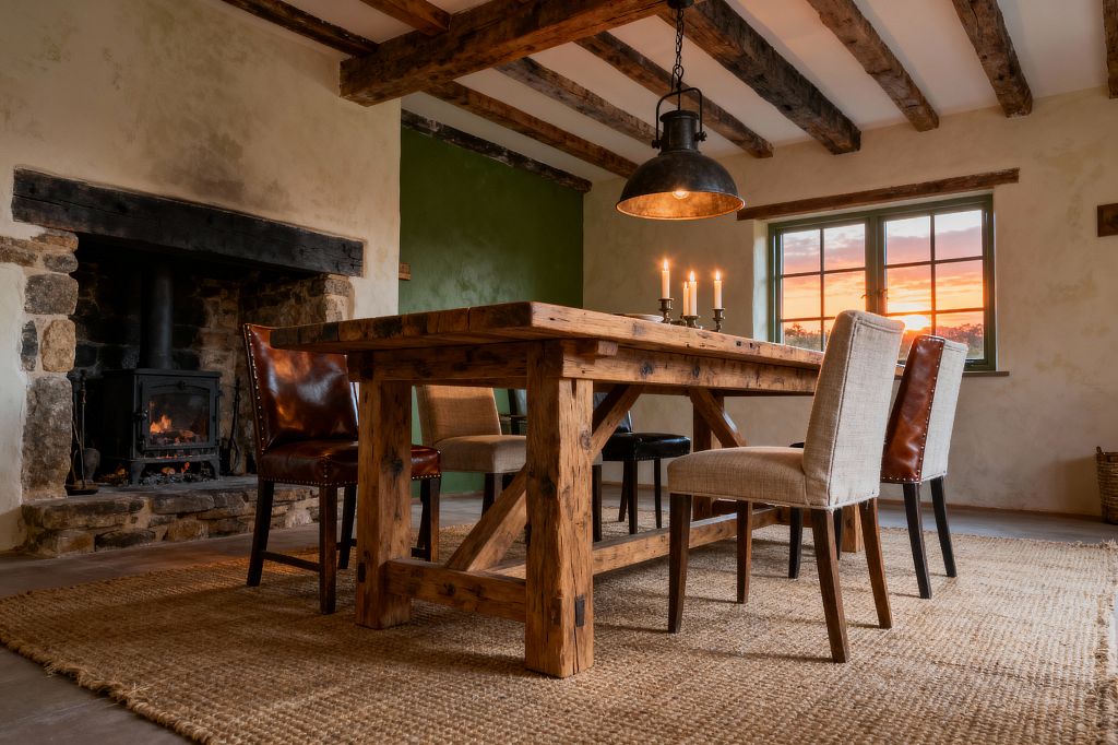 A rustic dining room centers on a reclaimed-wood trestle table set on a chunky woven jute rug, surrounded by mixed seating that includes beige linen chairs, brown leather chairs, and a black stool. An industrial black metal dome pendant hangs from exposed timber ceiling beams, while a stone fireplace with a cast-iron stove warms the space; limewashed plaster walls with an olive green accent and a green-trimmed window framing a sunset complete the scene.