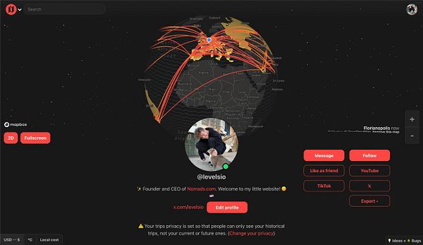 Profile page of Nomads website displaying user details and navigation options on a clean interface.