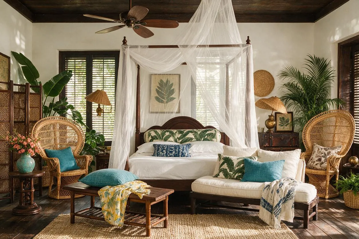 A tropical bedroom with a dark wood canopy bed draped in white mosquito netting, surrounded by wicker chairs, potted palms, and woven decor. White walls, dark ceiling beams, and natural textures create a relaxed, airy retreat.