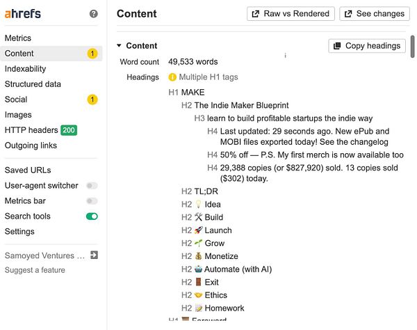 The image displays a content overview from the Ahrefs tool, detailing a document titled 'MAKE' with various headings and statistics.