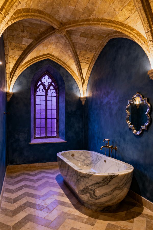 A Gothic-style bathroom with a honey-colored ribbed stone vaulted ceiling and a pointed-arch window filled with violet stained glass. Deep indigo plaster walls frame a freestanding white marble tub with bold gray veining, a wall-mounted brass faucet, and a quatrefoil-framed mirror. Light beige limestone tiles laid in a herringbone pattern cover the floor, while warm uplighting highlights the stone ribs and casts a glow that contrasts with the cool blue walls and marble.