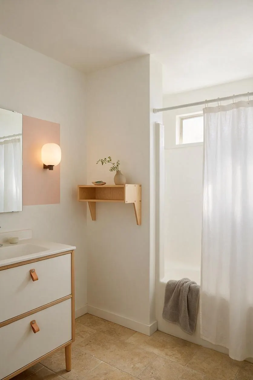 A bright Scandinavian-style master bathroom with white walls, a light wood vanity, a pink accent panel behind a glowing wall sconce, and beige stone tile flooring. A small open wood shelf with a vase and greenery sits beside a shower area with a white curtain and a gray towel hanging nearby.