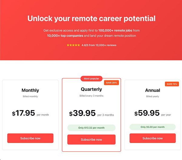 The image displays a subscription pricing page for a remote job platform with three payment options.