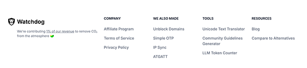 The image displays a website footer for 'Watchdog' with various sections and links.