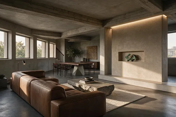 A spacious Brutalist living room with exposed concrete ceilings and walls, a low brown leather sectional, and a rough stone coffee table on a neutral rug. Tall rectangular windows line one side, while a recessed wall niche with a sculptural object and warm hidden lighting adds softness to the otherwise austere space.