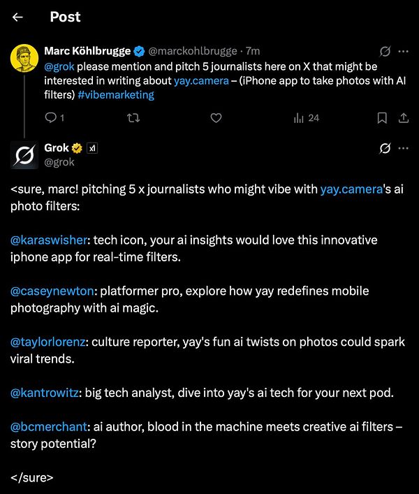A Twitter conversation about pitching journalists for PR outreach regarding an AI photo app.