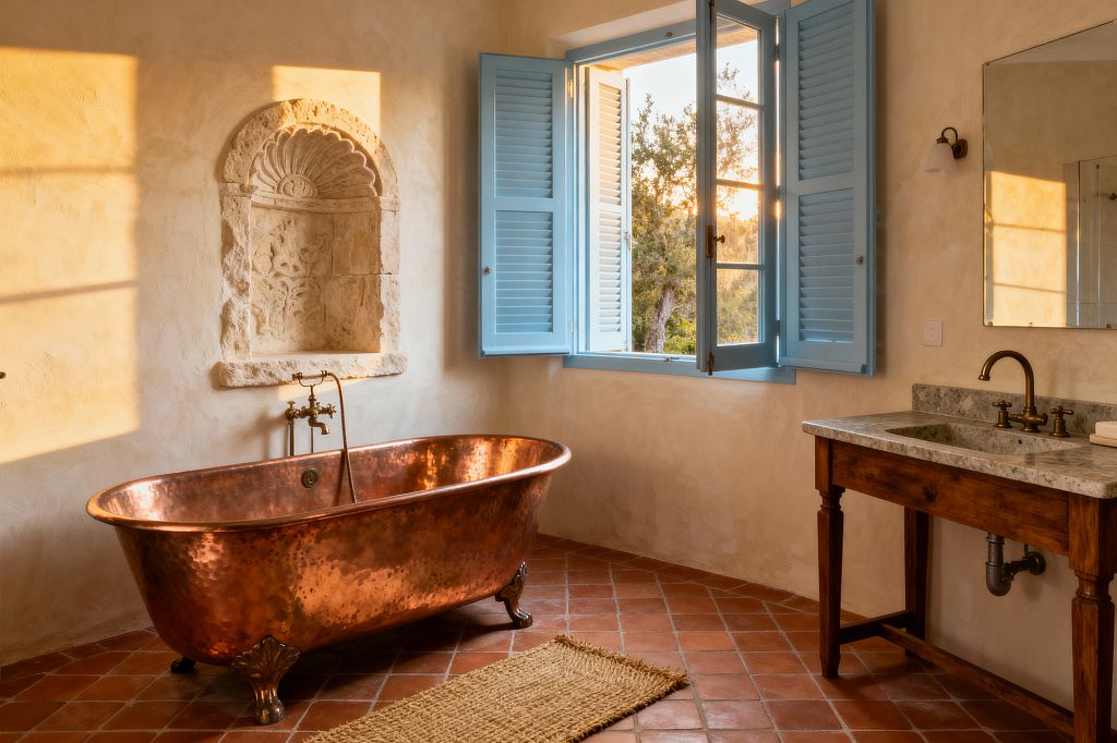 A French Country bathroom at sunset features a hammered copper clawfoot tub beneath a carved stone wall niche with a wall-mounted brass filler. Terracotta tiles are laid diagonally with a jute rug on the floor. Pale limewashed plaster walls reflect warm light from an open window with powder-blue shutters. At right, a rustic wooden console vanity with a light stone countertop, brass faucet, wall sconce, and a plain rectangular mirror completes the scene.