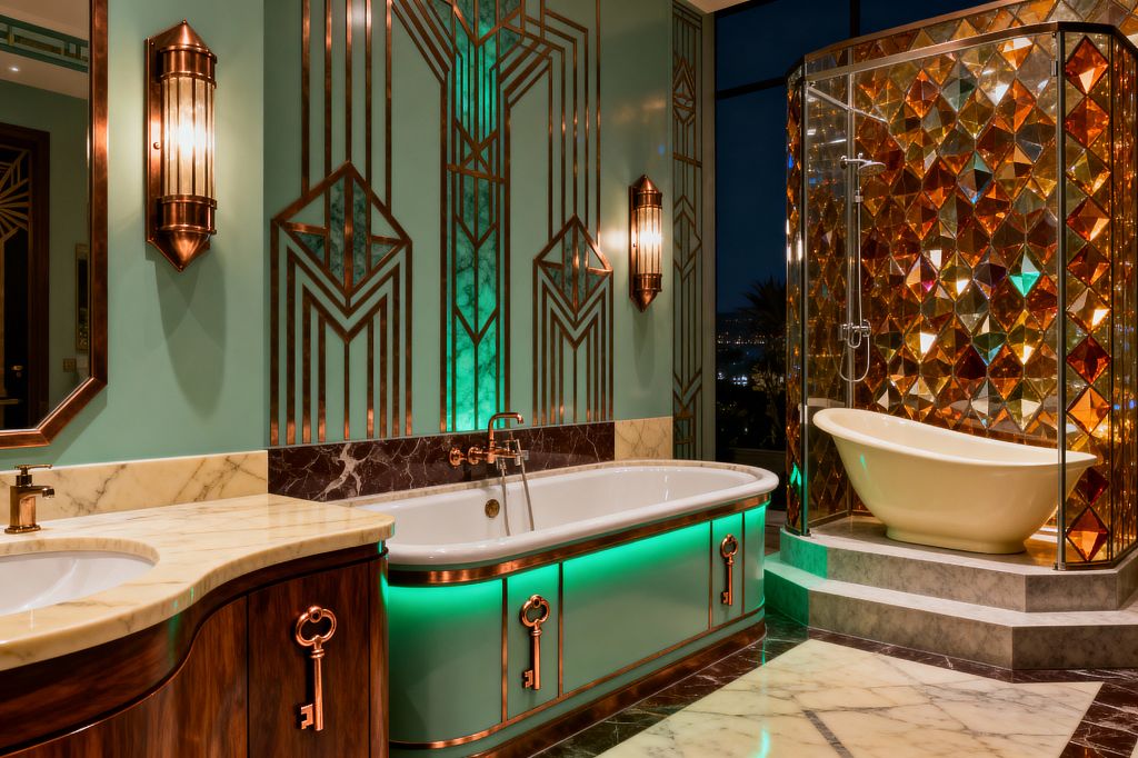 A luxurious Art Deco bathroom features mint-green paneled walls with copper geometric inlays, a white oval tub with copper trim and green underlighting, and a curved vanity in rich wood with a cream marble top and key-shaped pulls. Fluted copper sconces flank the tub, while a glass shower enclosure glows with amber, faceted glass; a cream slipper tub sits on gray stone steps above a marble floor, with a nighttime city view beyond.