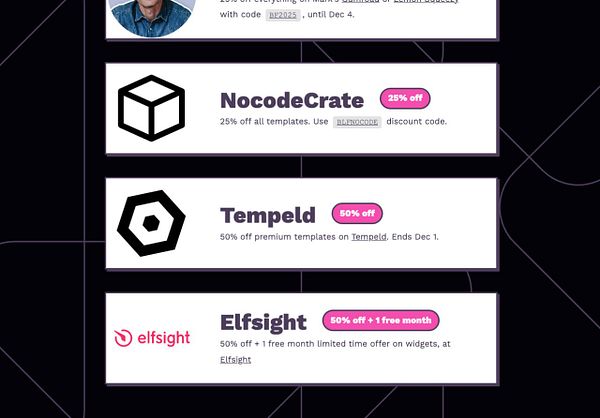 The image displays a promotional list of Black Friday deals related to Carrd plugins.