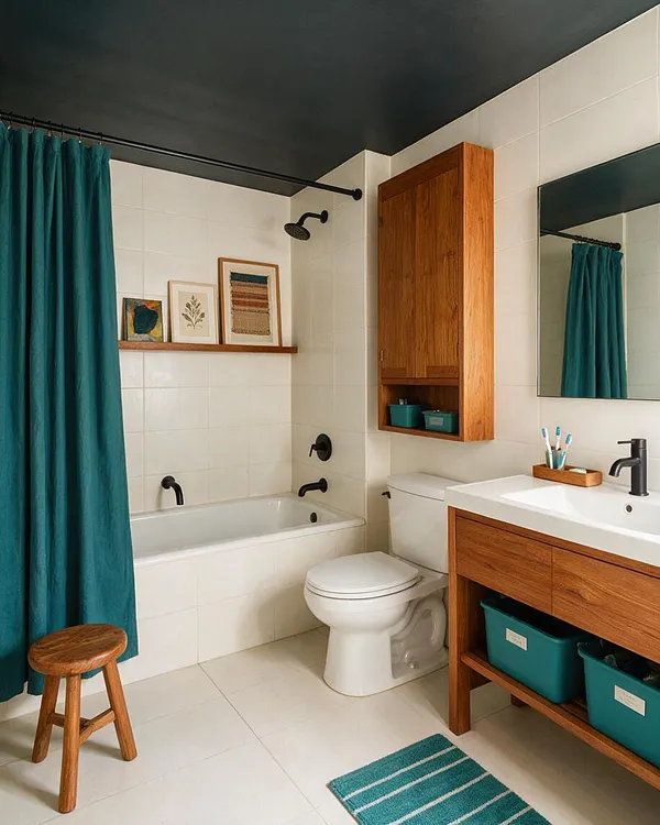 A compact eclectic bathroom with white tile walls and floor, a dark charcoal ceiling, teal shower curtain and rug, warm wood vanity and wall cabinet, a white tub and toilet, and black fixtures. Framed art on a small shelf and a wood stool add a personal, curated feel.