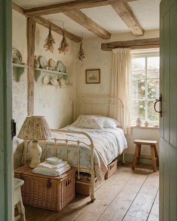 A cozy cottagecore bedroom with a cream-painted iron bed, floral quilt and pillows, exposed wooden ceiling beams, and pale walls with delicate floral wallpaper. Wicker storage baskets, a small wooden stool by the window, dried flowers hanging overhead, and soft natural light create a warm, romantic rustic atmosphere.