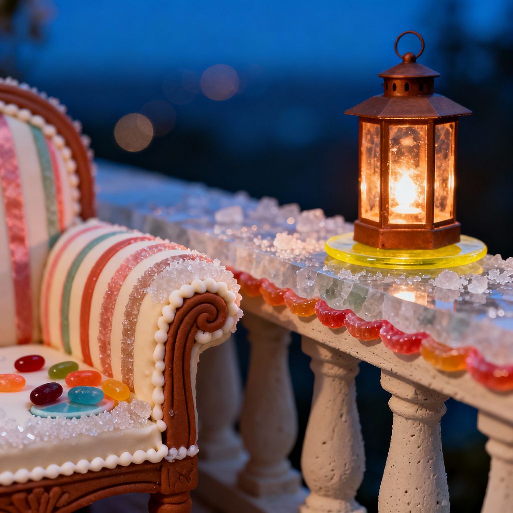 A close-up of a candy-themed patio shows a gingerbread-framed armchair iced with white piping and upholstered in pastel fondant stripes of mint, pink, and coral. Jelly beans scatter across the seat, while a small copper lantern glows warmly on the balustrade. The railing top is lined with clear rock sugar and finished with a scalloped trim of red and yellow gummies, set against an ivory stone baluster and deep blue evening sky.