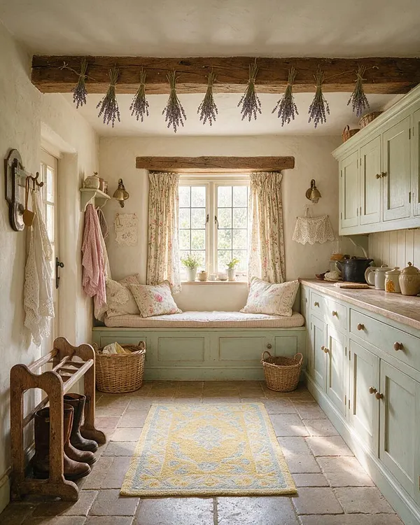 A cozy cottagecore mudroom with exposed rustic wooden beams across the ceiling, bundles of dried lavender hanging overhead, and pale sage built-in cabinetry lining one wall. A cushioned bench sits beneath a window framed by floral curtains, with wicker baskets, a painted wood shoe rack, and an earthy stone tile floor completing the soft, rustic look.