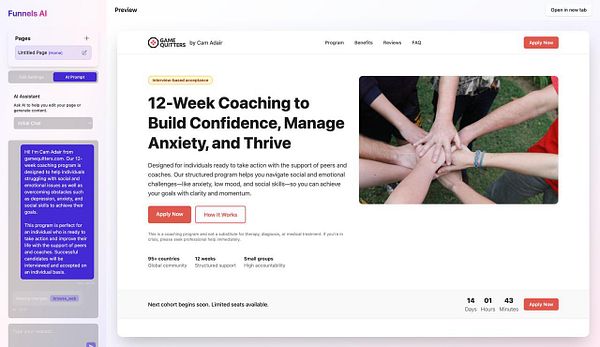 The image displays a web page preview for a 12-week coaching program focused on building confidence and managing anxiety.