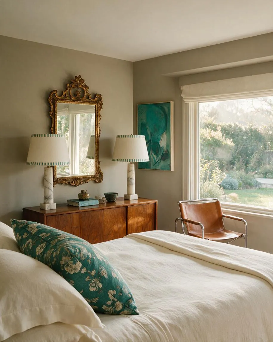A guest bedroom with a cream bed, a teal floral bolster pillow, and warm taupe walls. A carved gold-framed mirror hangs above a walnut dresser with matching lamps, while a brown leather accent chair sits near a large sunlit window.