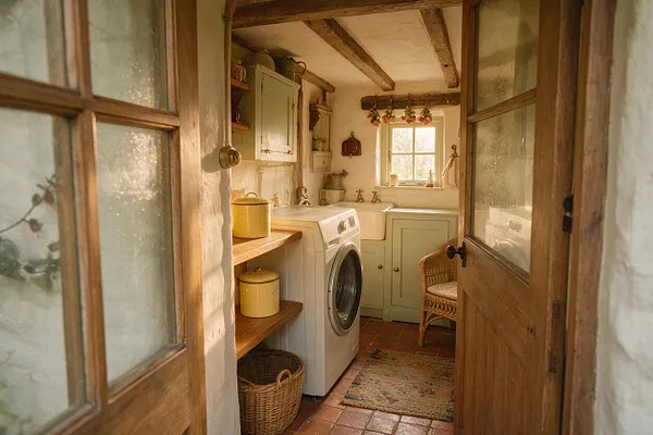 A cozy cottagecore laundry room with a front-loading washing machine, pale green cabinetry, open wood shelves, and a deep farmhouse sink. Rustic wood beams, terracotta tile floors, frosted glass doors, and wicker accents create a warm, handmade feel.