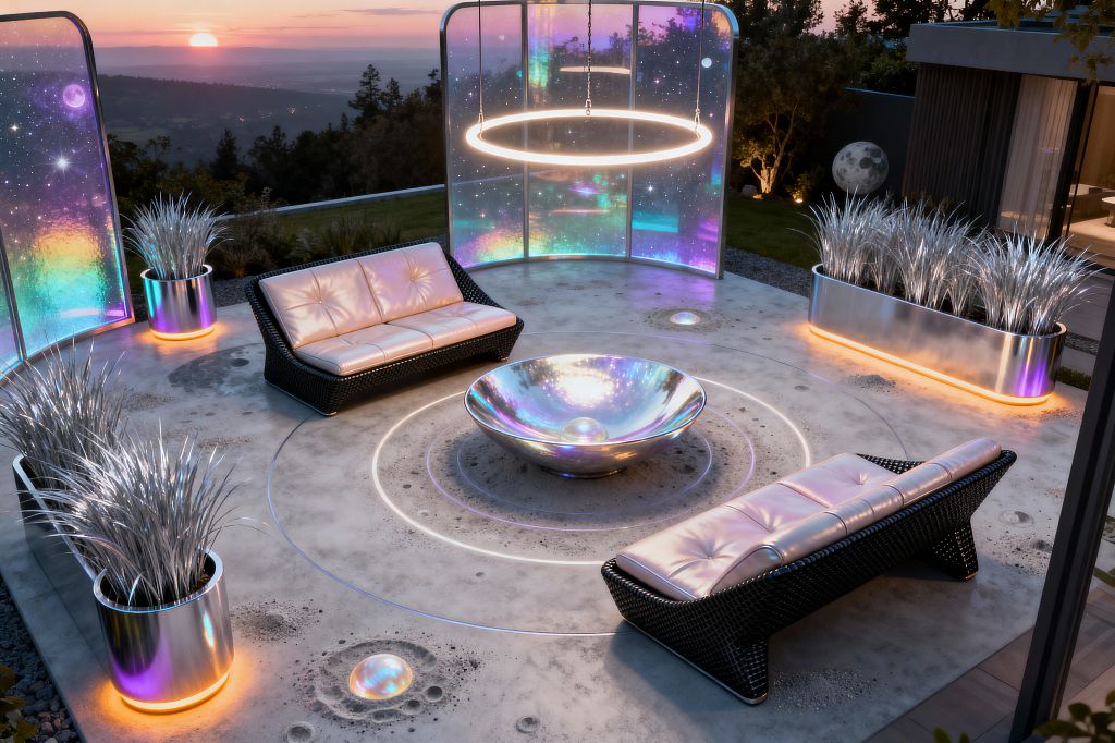 An outdoor lounge at sunset features two black woven sofas with pearlescent tufted cushions facing a large iridescent metal bowl on a concrete patio detailed with crater textures and concentric LED rings. Galaxy-print acrylic screens, a suspended circular ring light, and polished stainless planters of silver grasses with warm underglow lighting create a futuristic, space-inspired setting overlooking a landscaped yard and distant horizon.