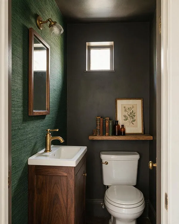 A narrow powder room with dark green textured wallpaper on one wall and deep charcoal walls on the other. A walnut vanity with a white sink and brass faucet sits beside a white toilet, with a small wood shelf holding antique books, glass bottles, and framed botanical art.
