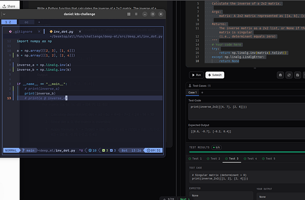 Python code editor and online coding platform interface showing a script that computes matrix inverses and test results for a 2x2 matrix inversion function.