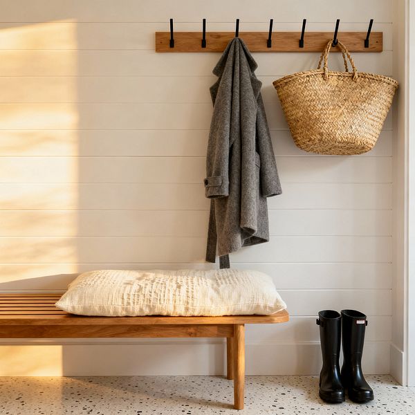 A minimal mudroom corner with horizontal white shiplap walls features an oak slatted bench topped with a cream cushion and a matching oak peg rail with black hooks. A gray coat and woven straw tote hang from the rail, black rubber boots sit on a light terrazzo floor, and warm sunlight casts soft shadows across the space.