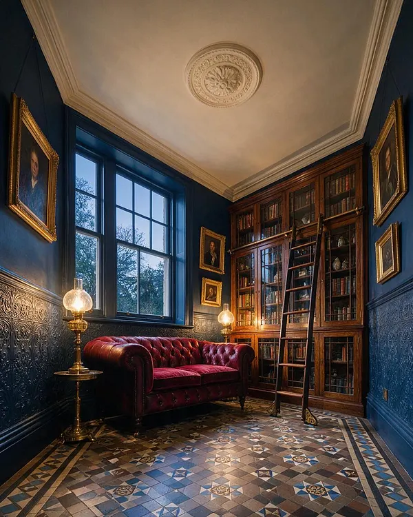 A richly styled Victorian front porch interior with deep blue walls, ornate ceiling molding, and a patterned mosaic tile floor. A burgundy tufted velvet sofa sits beside brass oil-style lamps, while a tall glass-front bookcase with a wooden ladder and framed portraits add a formal, historic feel.