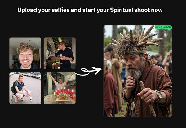 The image features a collage of selfies alongside a generated photo of a man in a spiritual-themed outfit.