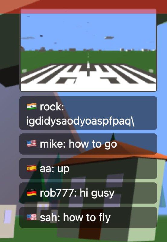 The image features a gaming interface displaying a virtual landscape with a chat window containing player messages.