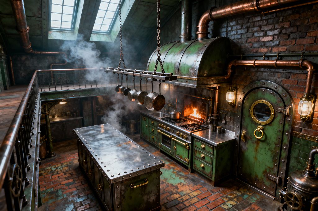 An atmospheric steampunk kitchen features exposed copper pipes, riveted green metal cabinetry and hood, and stainless steel worktops around a blazing range set against weathered brick. A chain-suspended pot rack hangs over a riveted steel island, with caged bulkhead lights, a brass-ringed porthole door, skylights, and red brick flooring amid visible steam.