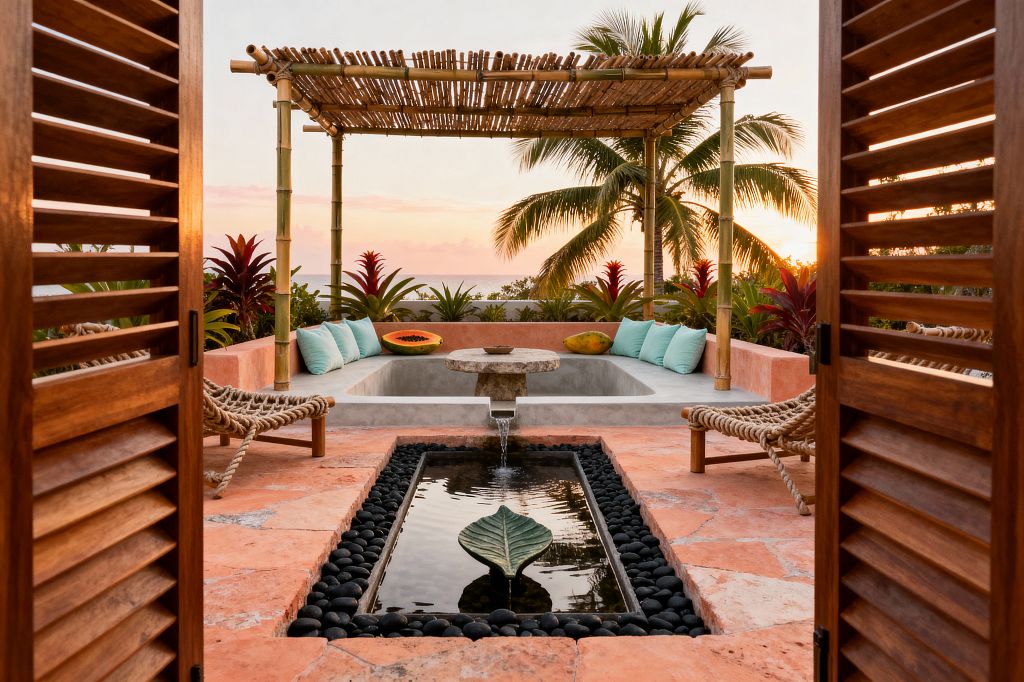 View through wooden louvered doors to a coral stone patio with a rectangular reflecting pool lined with black pebbles and a leaf-shaped fountain element. A sunken concrete seating area under a bamboo pergola features built-in benches with mint cushions, rope lounge chairs, a round stone table with a narrow spillway, and tropical plants and palm trees framing an ocean sunset.