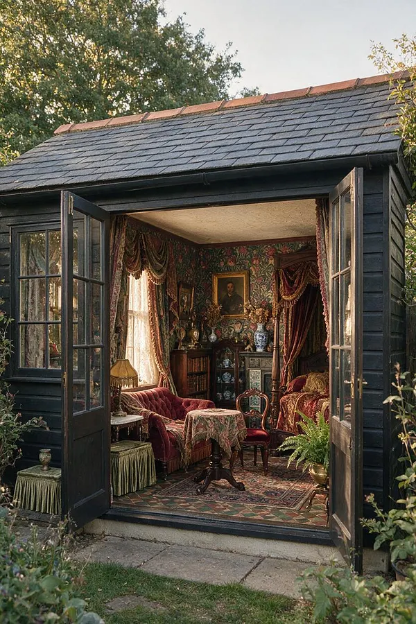 A small black-painted backyard garden shed styled as a Victorian sitting room, with double doors open to reveal layered floral wallpaper, heavy drapery, a burgundy velvet sofa, antique wood furniture, patterned rugs, and potted plants. Soft daylight filters through the windows, creating a warm, intimate atmosphere.