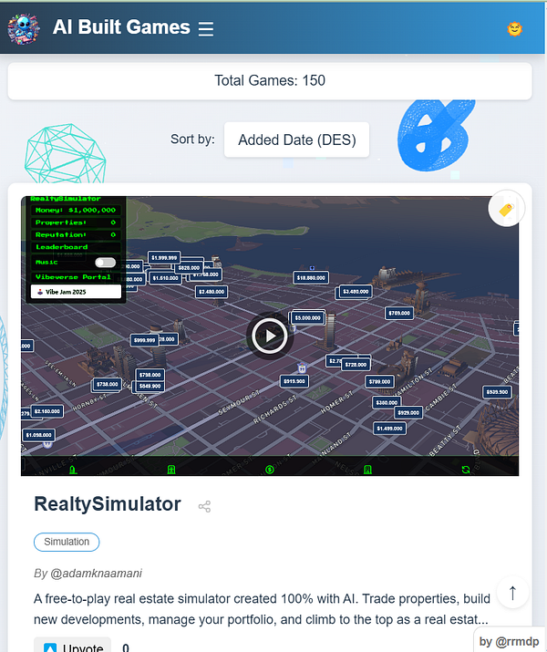 The image displays a user interface for a game platform featuring a real estate simulation game called 'RealtySimulator'.