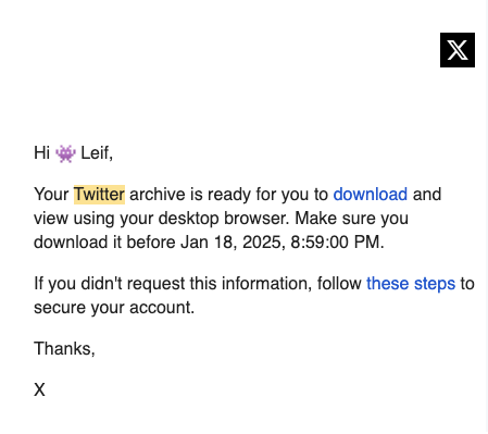 An email notification regarding a Twitter archive ready for download.