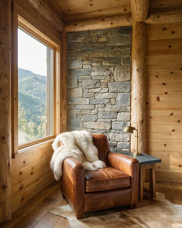 A rustic sunroom features knotty pine walls, a stacked stone accent wall, and a large picture window overlooking forested mountains. A brown leather armchair with a cream fur throw sits beside a small side table with a brass lamp on a cowhide rug.