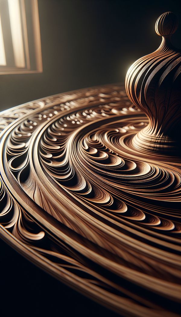 A close-up shot of a beautifully crafted wood table showcasing its intricate grain pattern, with soft lighting casting gentle shadows that highlight the texture.