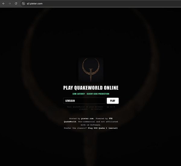 Screenshot of Quakeworld WASM game showing a player's perspective in a 3D arena with interactive FPS game statistics overlay.