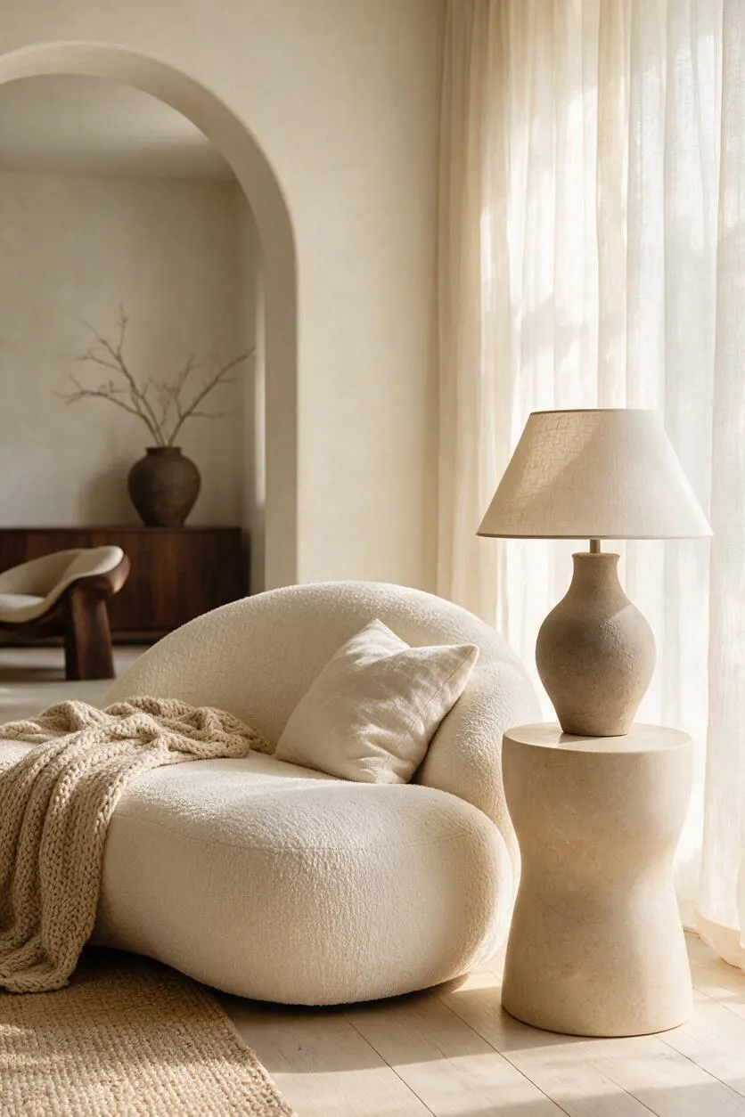 A serene Organic Modern living nook with a rounded cream bouclé chair, a chunky knit throw, and a small white pillow beside a sculptural pedestal table. A textured stone lamp with a linen shade sits near sheer curtains, while an arched opening reveals a dark wood console and vase in the background.