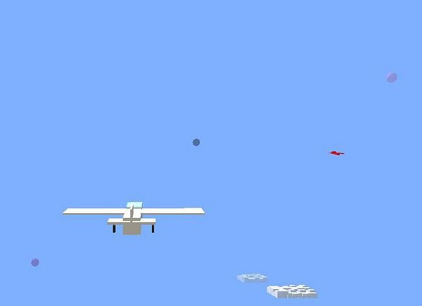 A simplistic flight simulation scene featuring two aircraft in a blue sky.