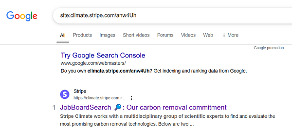 A Google search result displaying the Stripe Climate page indexed by Google.