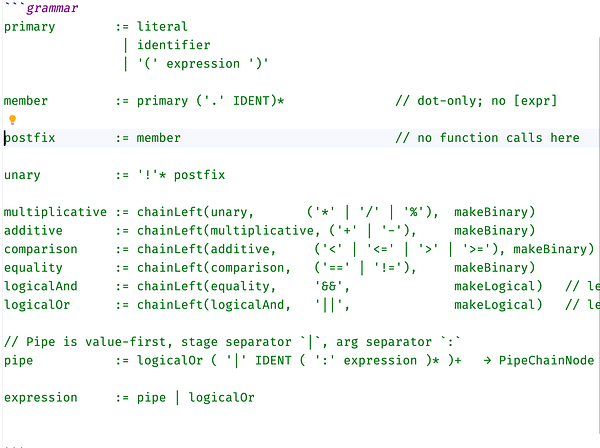 The image displays a code snippet defining an expression grammar in a programming context.
