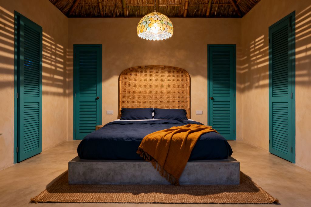 A tropical bedroom centers on a concrete platform bed with deep navy bedding and a tall woven rattan cane headboard, flanked by four teal louvered doors. Warm sand-plaster walls, a thatched ceiling with bamboo rafters, a dome mosaic-glass pendant, a mustard throw, and a natural jute rug complete the scene. The pendant casts dappled shadows across the walls and floor, creating a cozy, resort-like atmosphere focused on natural textures and saturated coastal color.