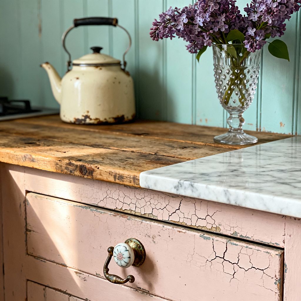 A close-up of a shabby chic kitchen shows a distressed blush-pink drawer with crackled paint and an antique brass drop pull with a floral ceramic knob. Above sits a rustic reclaimed-wood worktop edged by a white-and-gray marble slab; behind, mint green beadboard walls frame a cream enamel kettle with worn patina and a clear hobnail glass vase filled with purple lilacs, all lit by soft natural daylight.