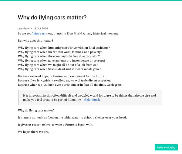 Text document discussing the significance of flying cars and their symbolic hope for humanity's future, authored by jasonleow on October 18, 2026.
