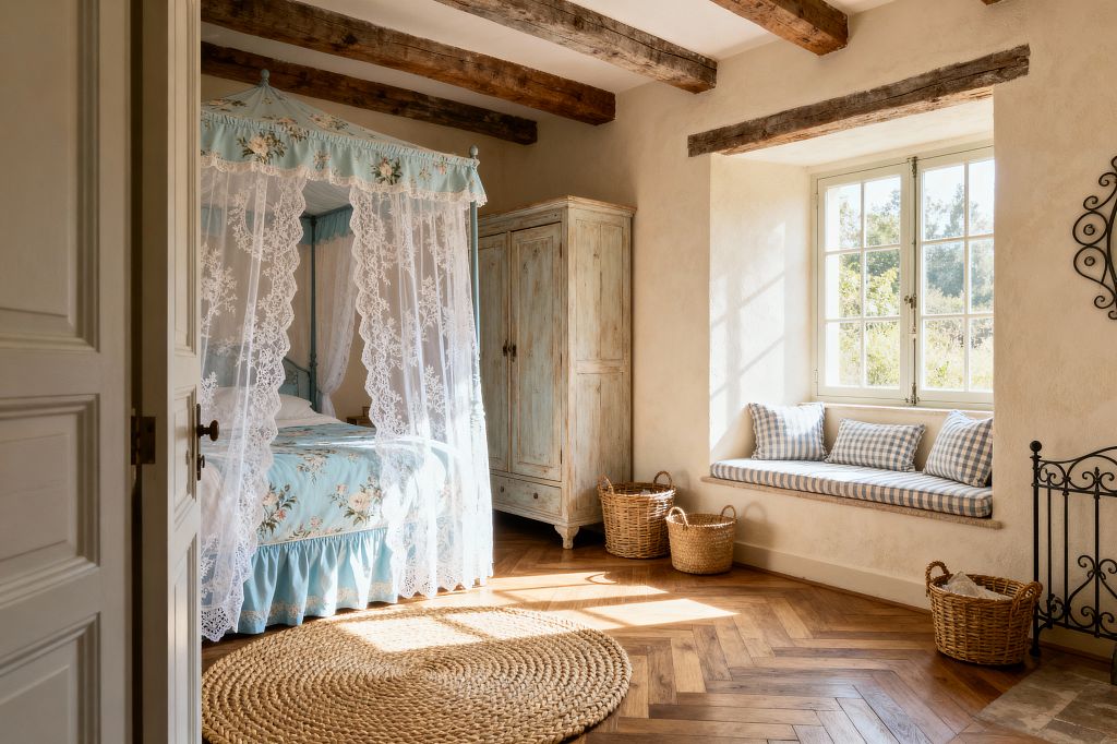A sunlit kids’ bedroom in French country style with exposed wood ceiling beams and warm herringbone flooring. On the left, a duck‑egg blue canopy bed with floral fabric and flowing white lace drapes stands beside a distressed pale‑blue armoire; to the right, a deep window seat with blue‑and‑white gingham cushions overlooks the garden, while woven baskets, a round braided jute rug, cream plaster walls, and black wrought‑iron details complete the cozy, vintage look.