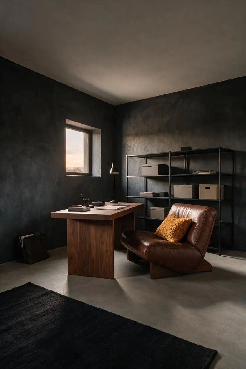 A moody home office with dark textured walls, a small square window, a walnut wood desk, and a brown leather lounge chair with a mustard cushion. Black metal shelving with storage boxes lines the back wall, and a dark rug anchors the concrete-toned floor.