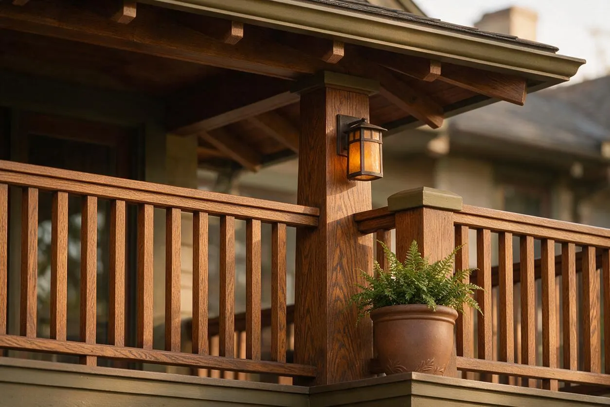 A close-up of a Craftsman-style porch exterior with stained wood railings, a thick square support post, exposed rafter tails under the roof, and a glowing lantern-style wall sconce. A terracotta planter with green fern sits on the railing, adding a soft natural touch.