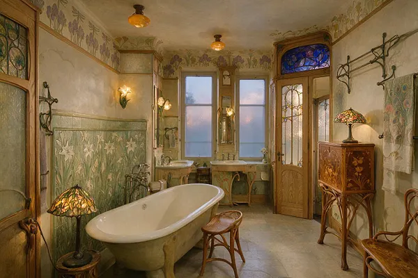 A richly detailed Art Nouveau master bathroom with a freestanding oval bathtub, floral wall murals, and warm wood cabinetry. The room includes stained glass accents, carved wooden doors, vintage sconces, and curved wicker-style seating, creating an elegant, romantic atmosphere.